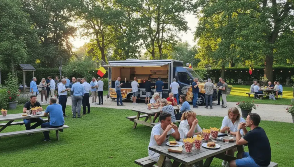Gasten aan tafel bij de mobiele frituur op een communiefeest